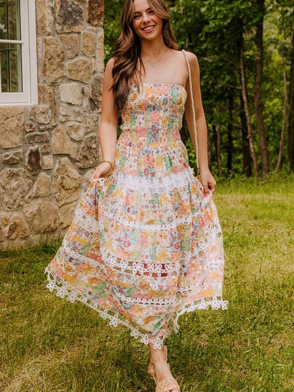 Women’s Floral Patchwork Lace Tiered Sundress - Multicolor (New w Tags)